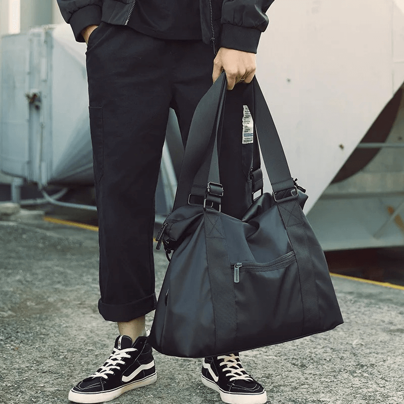 Black nylon crossbody shoulder travel bag for men, SF1959, 20-35L, perfect for fitness and outdoor adventures, zipper closure.